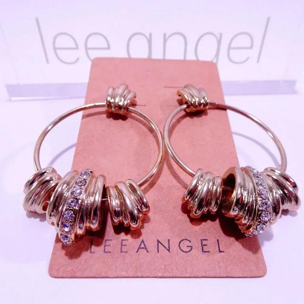 Neiman Marcus Lee Angel  Women's Gold Pave Multi Ring Hoop Earrings NWT 98